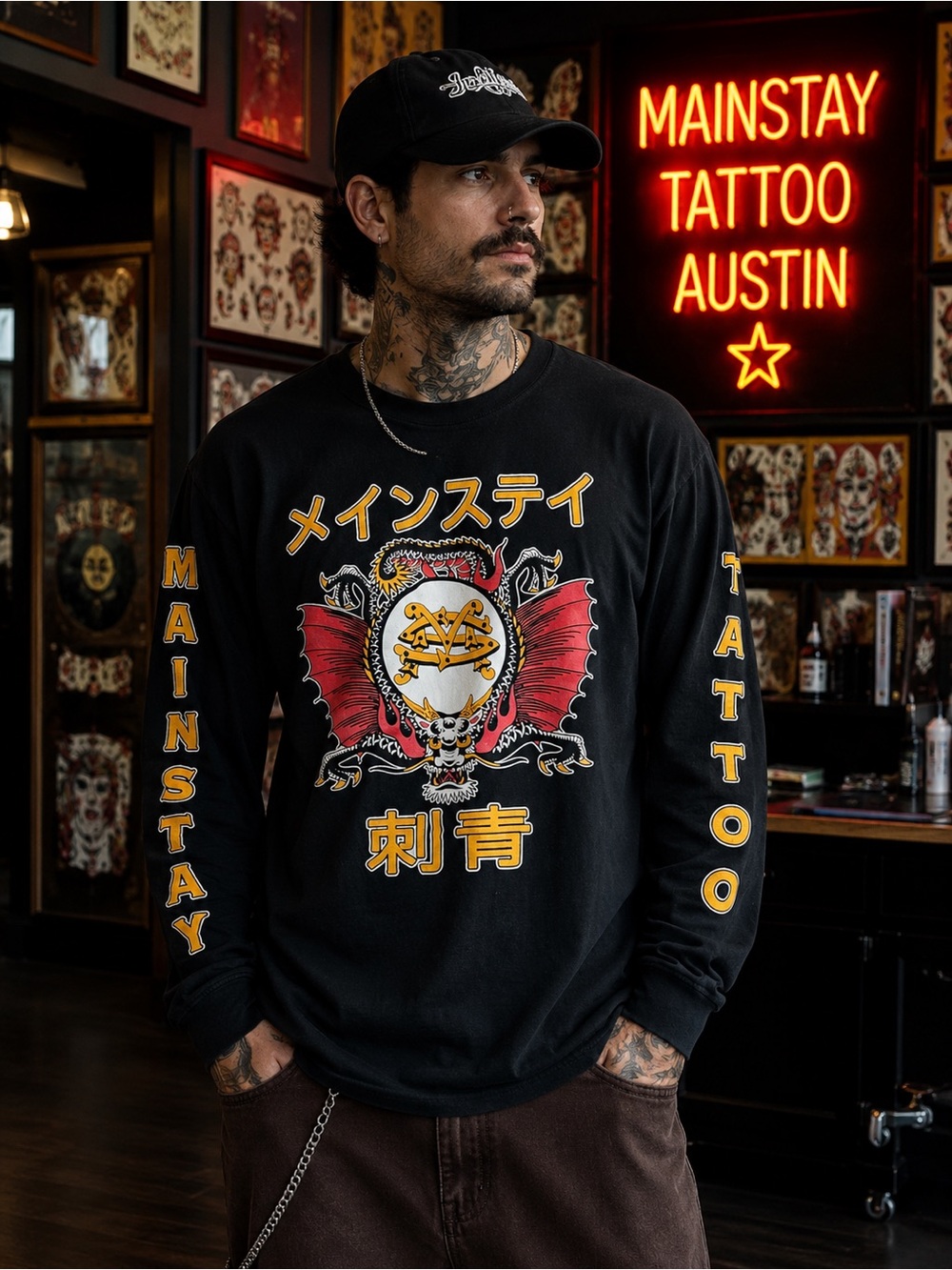Mainstay Tattoo Austin TX Dragon Graphic Long Sleeve Tee Unisex Large L Black
